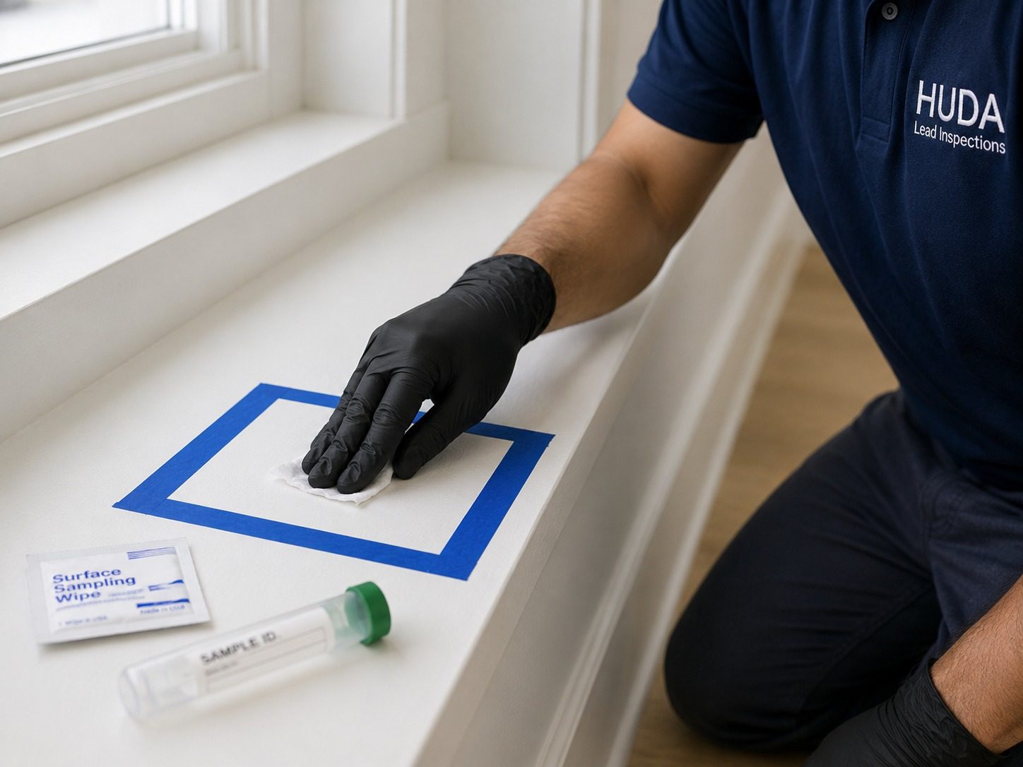 Huda Lead Inspections certified technician performing dust wipe clearance test on windowsill