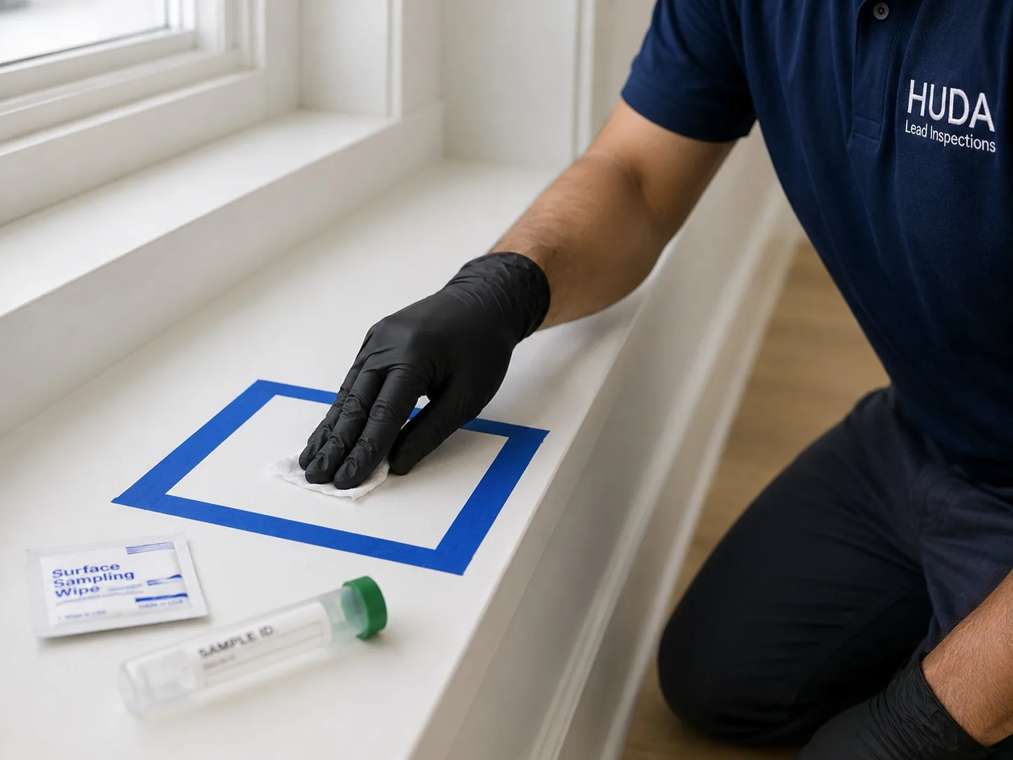 Certified technician performing lead dust wipe sampling